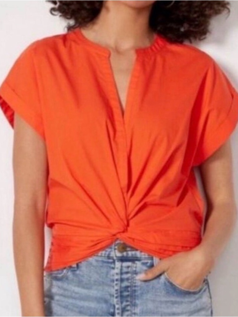 Evereve Orange Twist-Knot Short Sleeve Crop Top